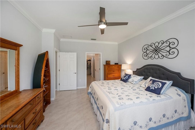 tiled bedroom with ceiling fan and crown molding