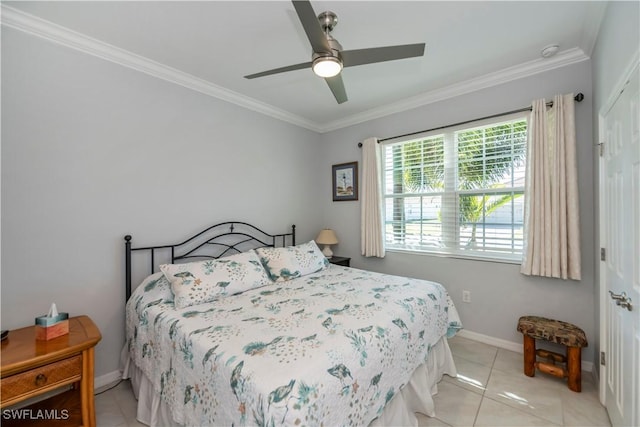 tiled bedroom featuring ceiling fan and ornamental molding