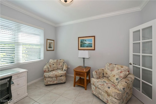 living area with light tile patterned floors and crown molding