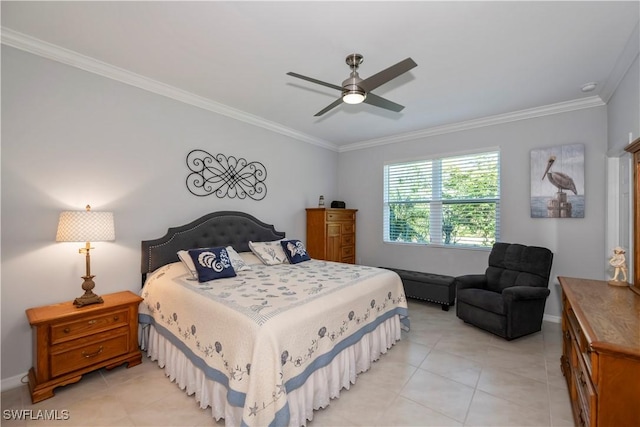 tiled bedroom with ceiling fan and crown molding