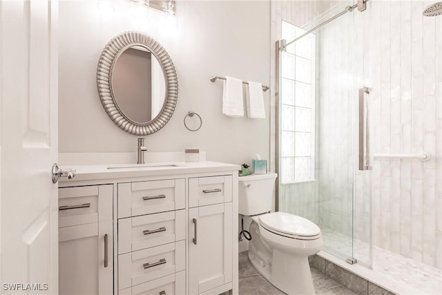 full bath featuring a stall shower, vanity, and toilet