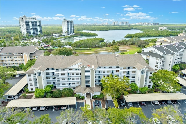 bird's eye view with a water view