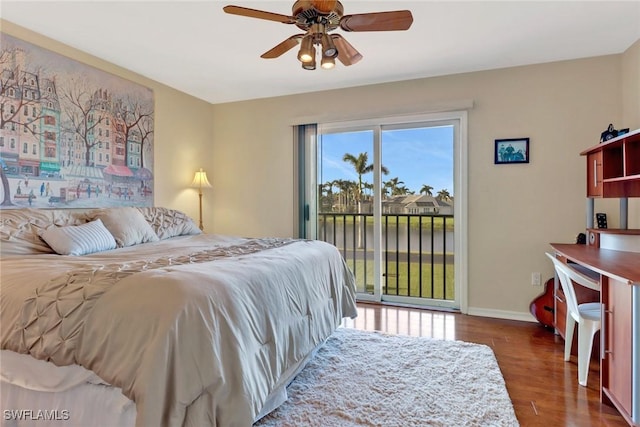 bedroom featuring wood-type flooring, ceiling fan, and access to exterior