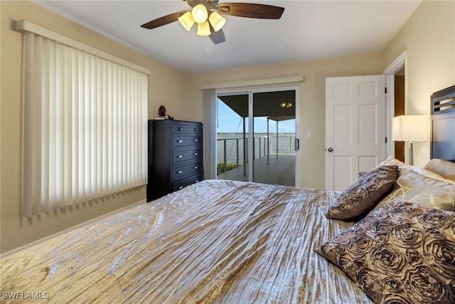 bedroom featuring ceiling fan and access to outside