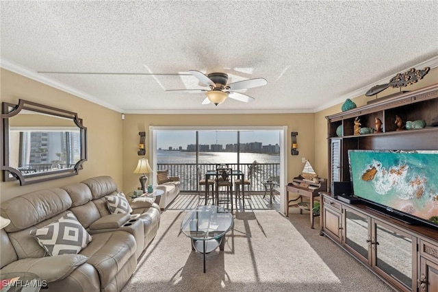 carpeted living room featuring ceiling fan, ornamental molding, and a textured ceiling