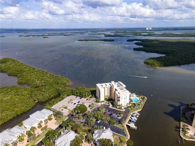 drone / aerial view featuring a water view