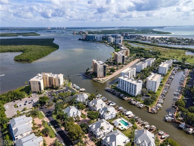 drone / aerial view with a water view