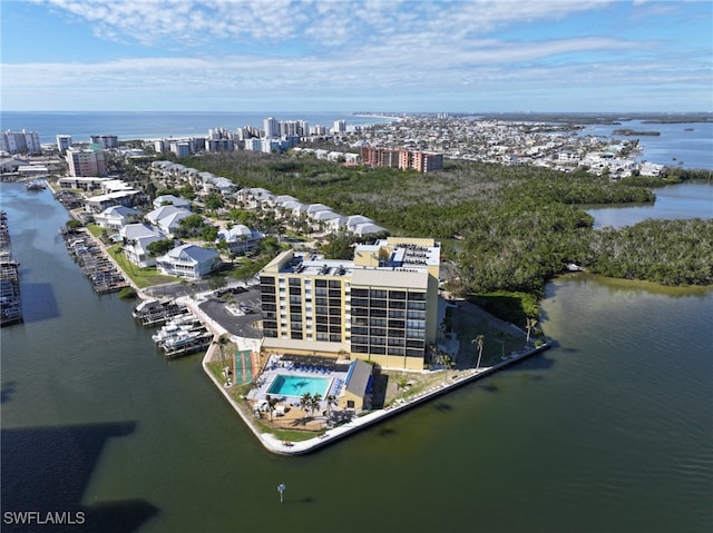 drone / aerial view with a water view