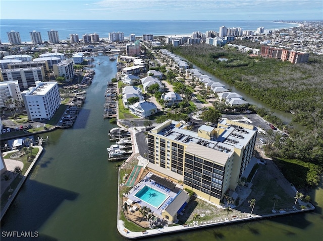 bird's eye view with a water view