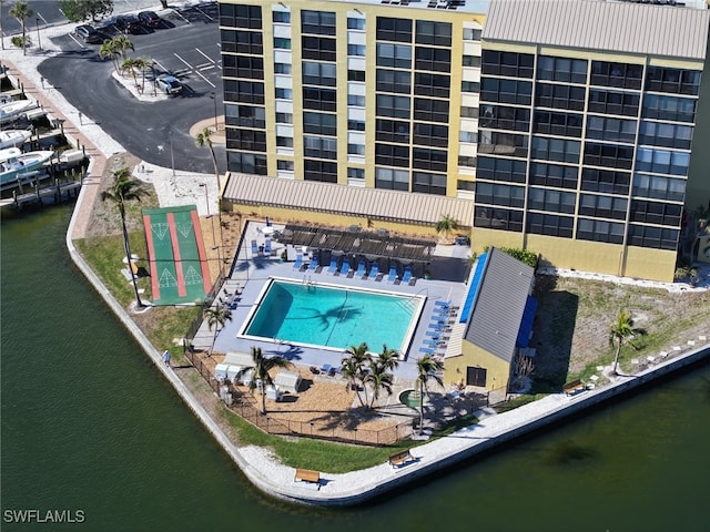 drone / aerial view featuring a water view