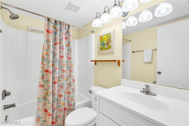 full bathroom with vanity, toilet, and shower / bath combo with shower curtain