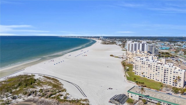 aerial view with a water view and a view of the beach