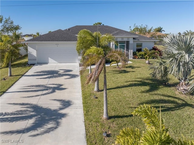 ranch-style house featuring a garage and a front lawn