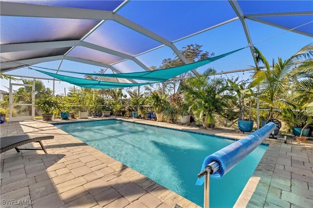 view of pool featuring a lanai and a patio