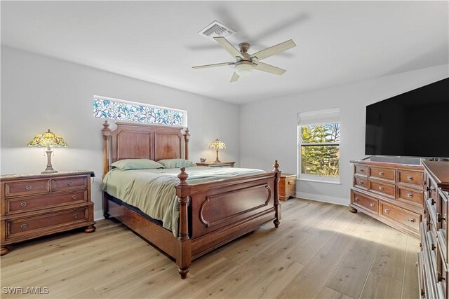 bedroom featuring ceiling fan and light wood-type flooring