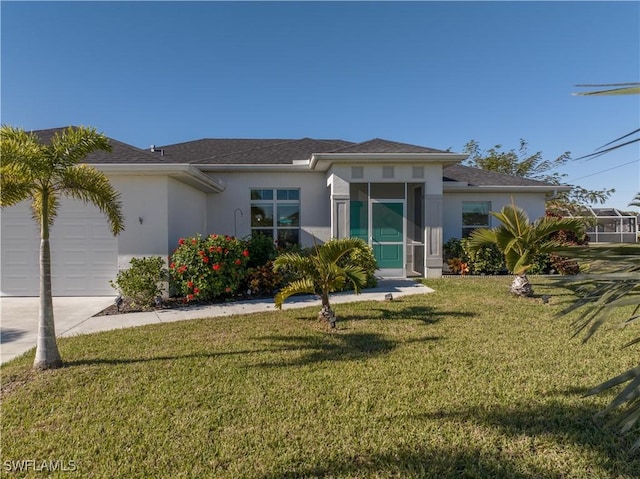 view of front of home with a garage and a front lawn