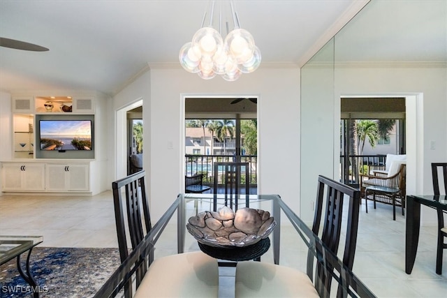 tiled dining area featuring crown molding and an inviting chandelier