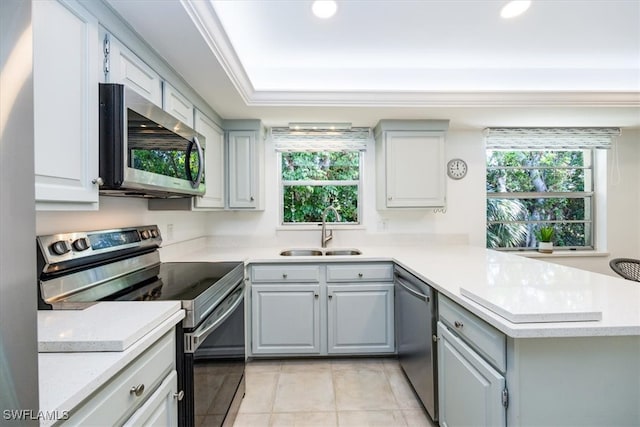 kitchen featuring gray cabinets, a healthy amount of sunlight, sink, and appliances with stainless steel finishes