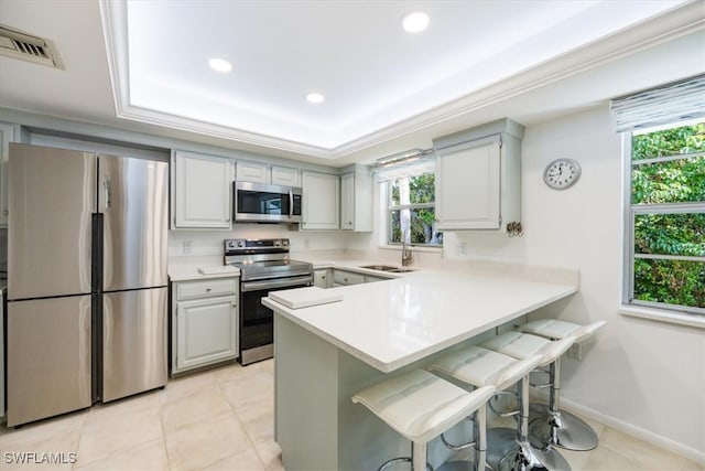 kitchen featuring kitchen peninsula, a kitchen bar, stainless steel appliances, and plenty of natural light