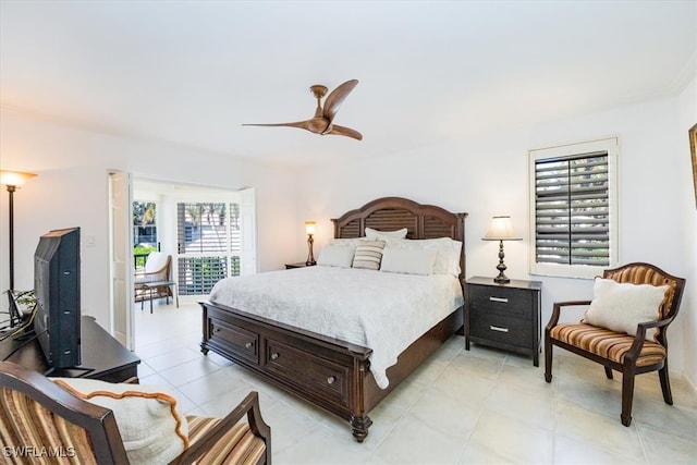 bedroom with ceiling fan and light tile patterned floors