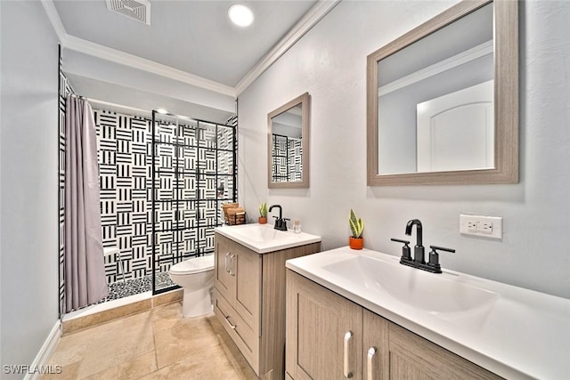 bathroom featuring vanity, toilet, curtained shower, and ornamental molding