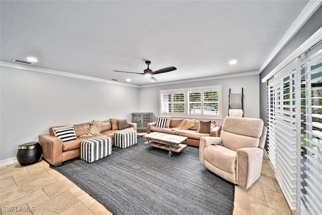 living room with crown molding and ceiling fan