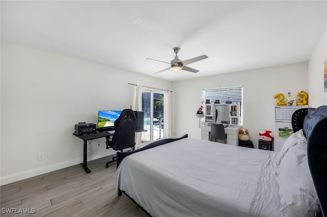 bedroom featuring light hardwood / wood-style flooring and ceiling fan