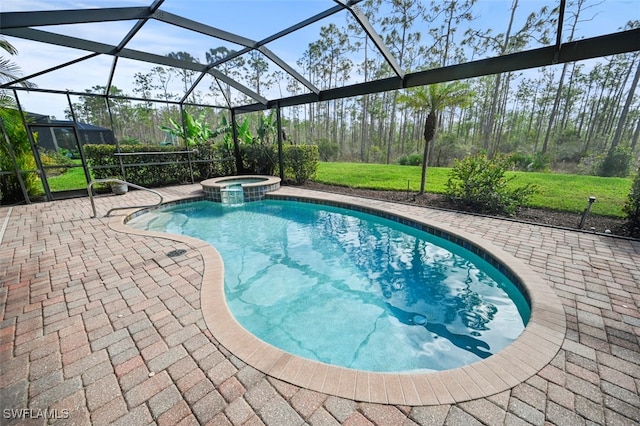 view of pool featuring glass enclosure, an in ground hot tub, and a patio