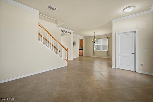 tiled empty room with a notable chandelier, crown molding, visible vents, stairway, and baseboards