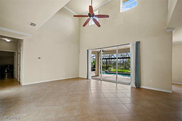 unfurnished living room featuring ceiling fan, crown molding, high vaulted ceiling, and light tile patterned flooring