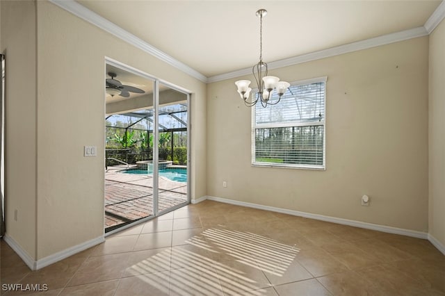 unfurnished dining area featuring a healthy amount of sunlight, a sunroom, crown molding, and tile patterned floors