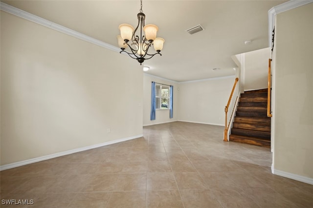 empty room featuring visible vents, an inviting chandelier, ornamental molding, baseboards, and stairs