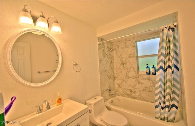 full bathroom with vanity, shower / bathtub combination with curtain, a textured ceiling, and toilet