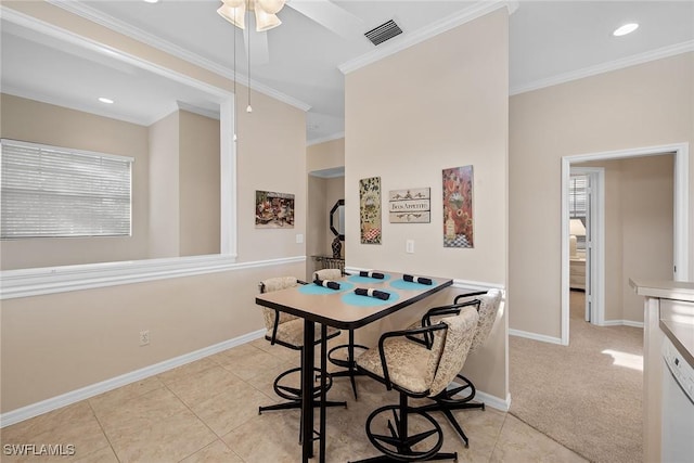 game room featuring ceiling fan, light colored carpet, and crown molding