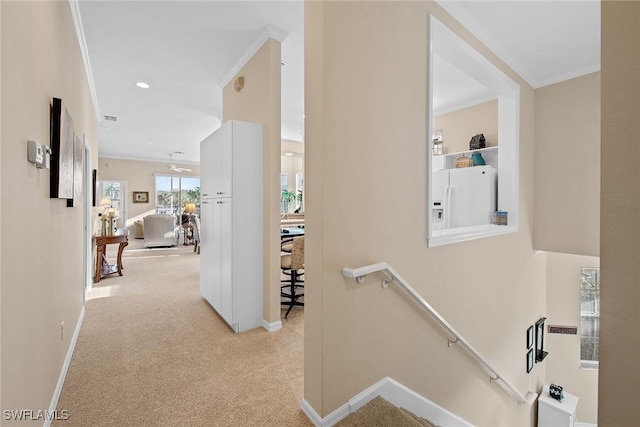 hallway with light carpet and ornamental molding