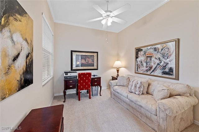 carpeted living room with ceiling fan and ornamental molding