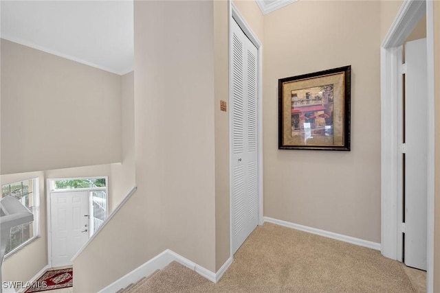 hall featuring light colored carpet and crown molding