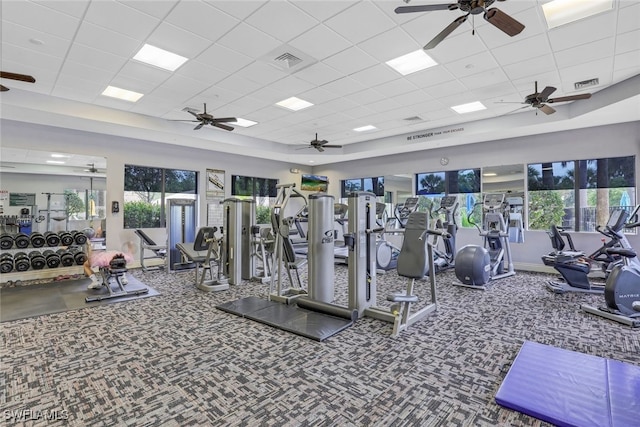 gym with carpet flooring, a paneled ceiling, and plenty of natural light