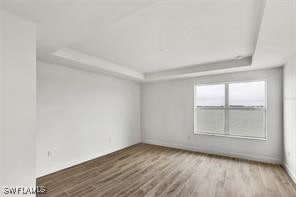 empty room featuring a tray ceiling and wood-type flooring