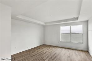 unfurnished room featuring wood-type flooring and a raised ceiling