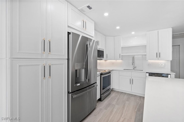 kitchen with sink, white cabinets, light hardwood / wood-style floors, and appliances with stainless steel finishes