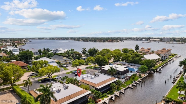 bird's eye view with a water view