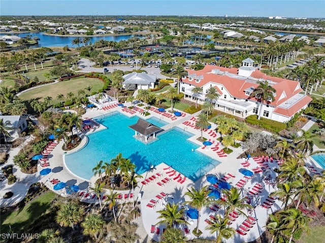 drone / aerial view with a water view