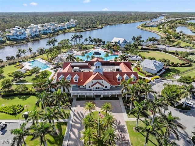 bird's eye view with a water view