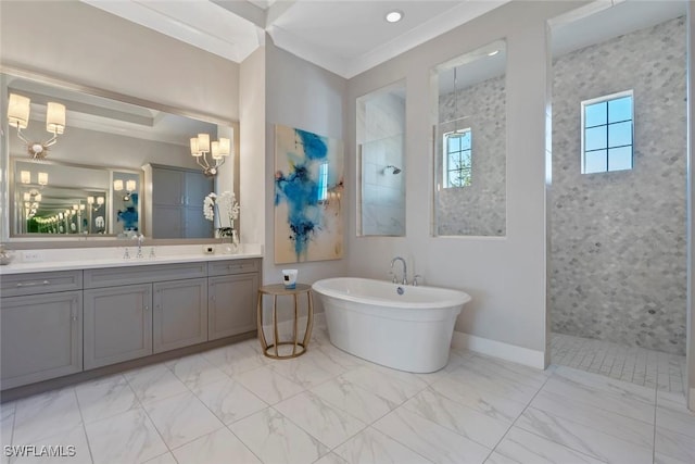 bathroom featuring shower with separate bathtub, vanity, and ornamental molding