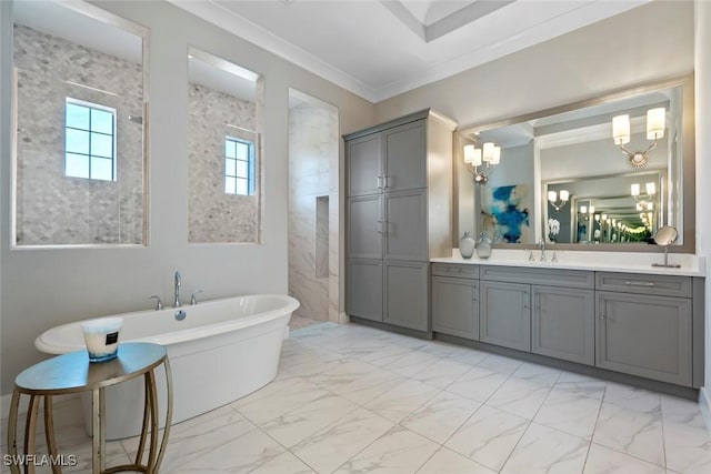 bathroom featuring vanity, ornamental molding, and a tub to relax in