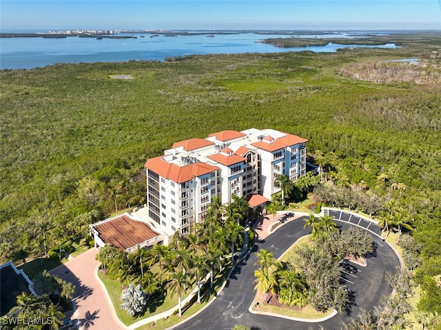 bird's eye view with a water view