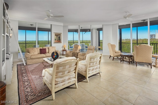 interior space with expansive windows, ceiling fan, and crown molding