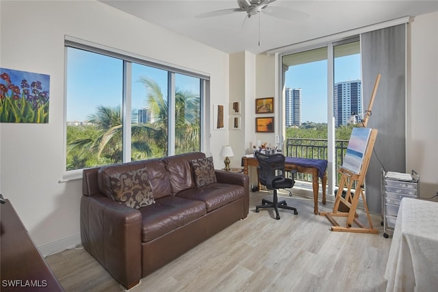 office space with light hardwood / wood-style flooring, a wealth of natural light, and ceiling fan