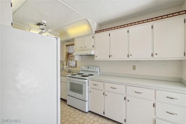 kitchen featuring ceiling fan, white cabinetry, white appliances, and sink